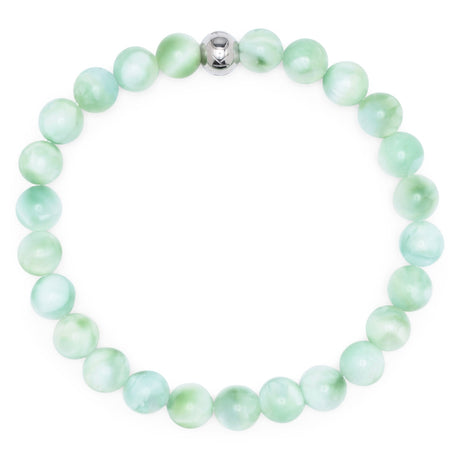 Komimar Koru Angelit Perlenarmband mit hellgrünen 8 mm Natursteinperlen und silberner Komimar Logo-Perle.