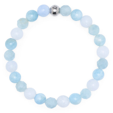 Komimar Atea Perlenarmband aus 8 mm poliertem Aquamarin, facettiertem Aquamarin und Celestin mit Edelstahl Komimar Logo-Perle.