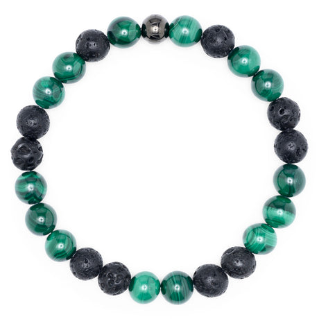 Komimar Pounamu Perlenarmband aus 8 mm schwarzen Lavaperlen und grünen Malachit-Perlen mit schwarzer Edelstahl Logo-Perle.