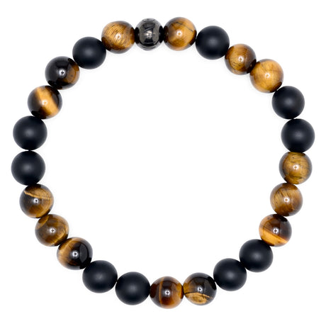 Komimar Mauri Perlenarmband aus mattem schwarzem Onyx und poliertem Tigerauge mit schwarzer Komimar Logo-Perle aus Edelstahl.