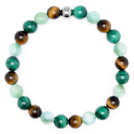 Komimar Ngahere Perlenarmband aus 8 mm Malachit-, grünem Angelit- und Tigeraugen-Perlen mit schwarzer Komimar Logo-Perle aus Edelstahl.