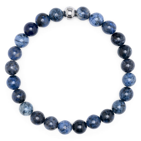 Komimar Moana Perlenarmband aus 8 mm blauem Dumortierit mit Edelstahlperle und natürlicher Steinstruktur.