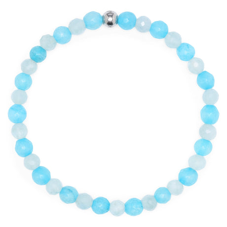 Komimar Aniwa Perlenarmband aus facettierten 6 mm Aquamarin-Perlen in Hellblau und Blau mit Edelstahl Komimar Logo-Perle.