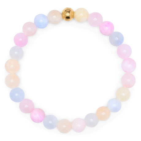 Komimar Aroha Jade Perlenarmband aus bunten 8 mm Jadeperlen in Pastellfarben mit goldener Edelstahlperle.