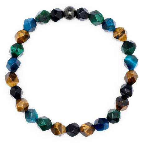 Kairoa Naturstein Perlenarmband für Herren mit Tigerauge, Onyx und schwarzer Komimar Logo-Perle
