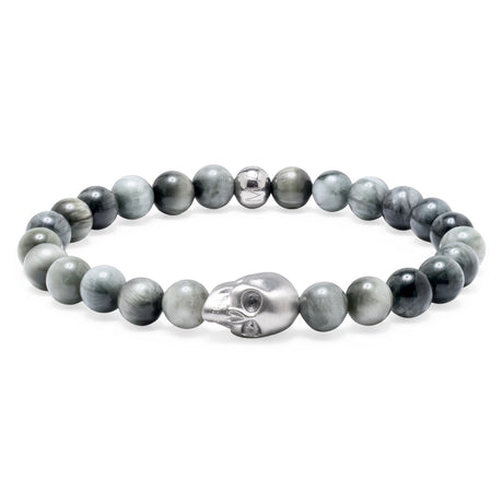 Komimar Skull Perlenarmband aus 8 mm Hawk Eye (Falkenauge) Natursteinperlen mit silbernem Totenkopf aus Edelstahl und 8 mm Komimar Logo-Perle aus Edelstahl.