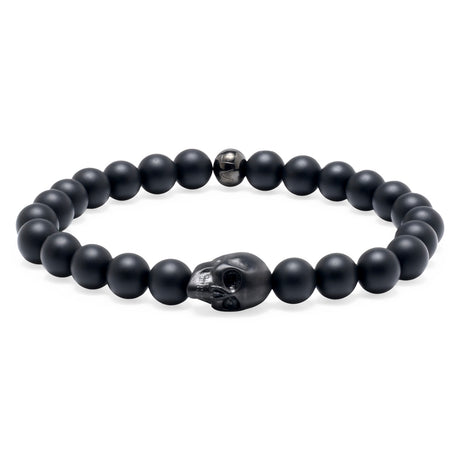 Komimar Skull Perlenarmband aus matten 8 mm Onyx-Perlen mit schwarzem Edelstahl-Totenkopf und schwarzer 8 mm Komimar Logo-Perle aus Edelstahl.