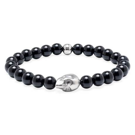 Entdecke das Komimar Skull Perlenarmband aus polierten 8 mm Onyx-Perlen mit Edelstahl-Totenkopf und Komimar Logo-Perle. Hochwertiges Natursteinarmband für Damen und Herren.