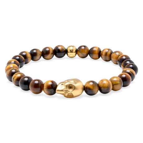 Komimar Skull Perlenarmband aus 8 mm polierten Tigeraugen-Perlen mit goldenem Totenkopf und goldfarbener 8 mm Komimar Logo-Perle aus Edelstahl.