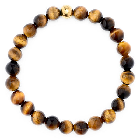 Komimar Maori Mana Tigeraugen Perlenarmband mit 8 mm Natursteinperlen und goldener Edelstahlperle auf hellem Hintergrund.