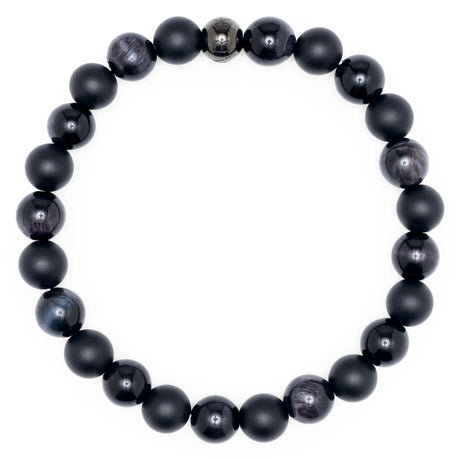 Komimar Koa Perlenarmband mit 8 mm matten Onyx-Perlen, schwarzen Tigeraugen-Perlen und schwarzer Edelstahl Logo-Perle.