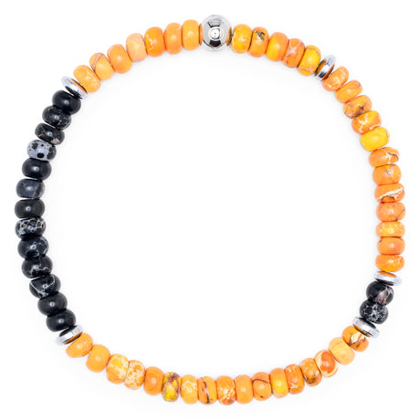 Perlenarmband von Komimar in den Farben schwarz orange. 