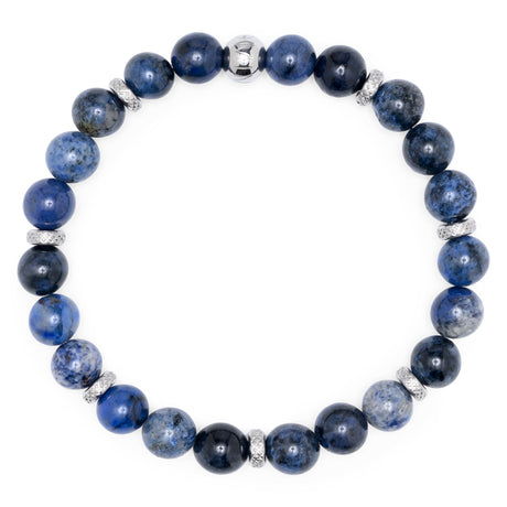 Komimar Kaimana Perlenarmband mit 8 mm blauen und grauen Natursteinperlen, gemusterten Edelstahl-Spacern und silberner Komimar Logo-Perle.