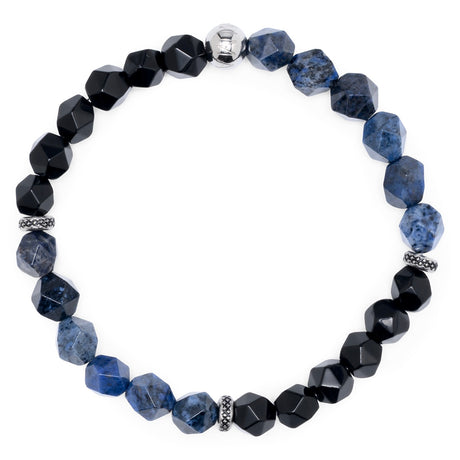 Nawira Perlenarmband Herren aus 8 mm facettiertem Onyx und Dumortierit mit Komimar Edelstahl-Perle