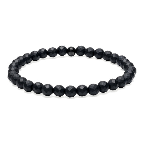 Komimar Facet Perlenarmband aus matten, facettierten schwarzen 6 mm Onyx-Perlen mit Komimar Edelstahl Logo-Perle.